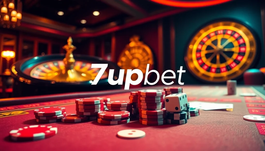 Experience the thrill of gambling with 7upbet at a luxurious casino setup featuring poker chips and a roulette wheel.