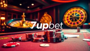 Experience the thrill of gambling with 7upbet at a luxurious casino setup featuring poker chips and a roulette wheel.