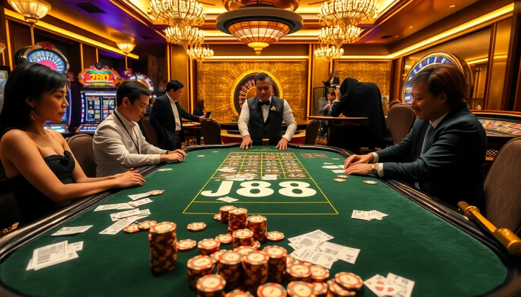 Players winning at the exciting J88 casino table with vibrant colors and luxury.