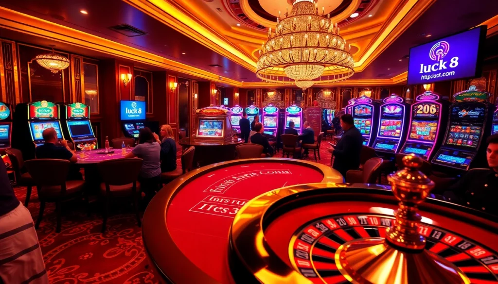 Một cảnh sòng bạc sống động với người chơi quanh bàn poker, bánh xe roulette và màn hình kỹ thuật số cho https://luck8.com, khắc họa sự phấn khích của trò chơi cá cược.