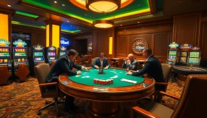 I9BET players strategizing at a luxurious poker table in an upscale casino environment.