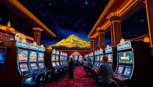 Para pemain menikmati permainan slot Olympus di tengah lingkungan kasino mewah.