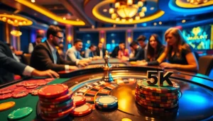 Players engaging in casino games with depo 5k chips and betting slips, showcasing excitement and strategy.