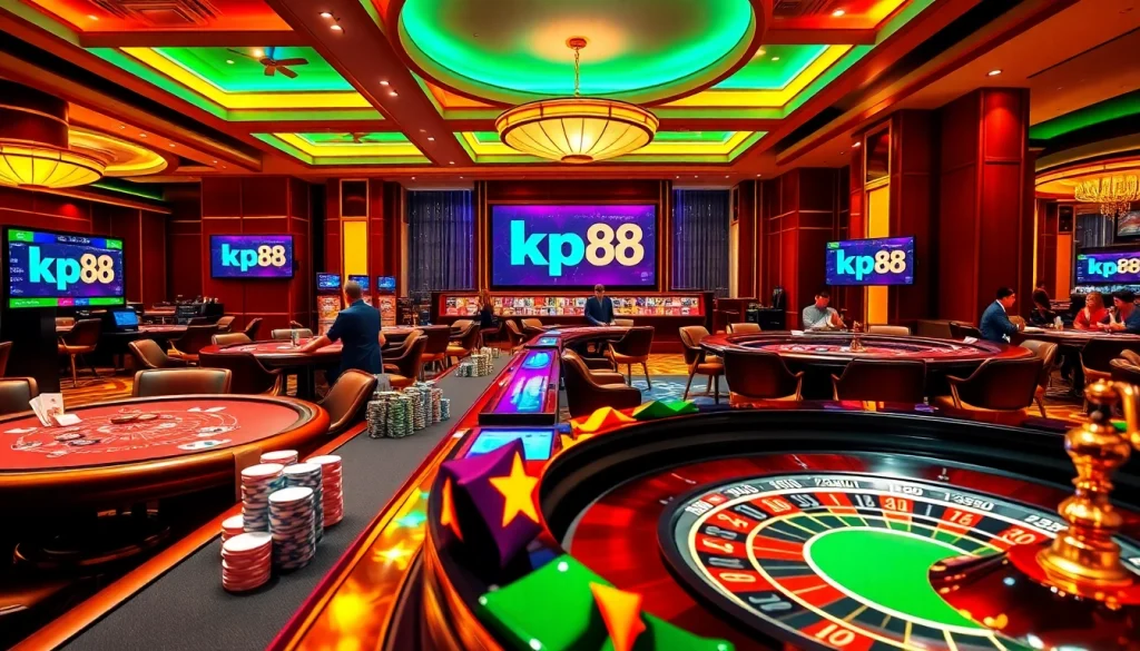 Exciting betting action at nhà cái kp88 casino, featuring vibrant poker games and roulette tables.