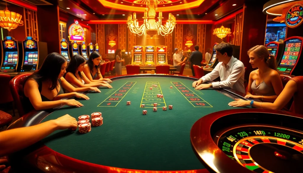 Gamble at an exciting blackjack table featuring xx88 chips and vibrant slot machines.