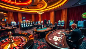 Exciting gaming action at the KJC website featuring roulette and poker tables.