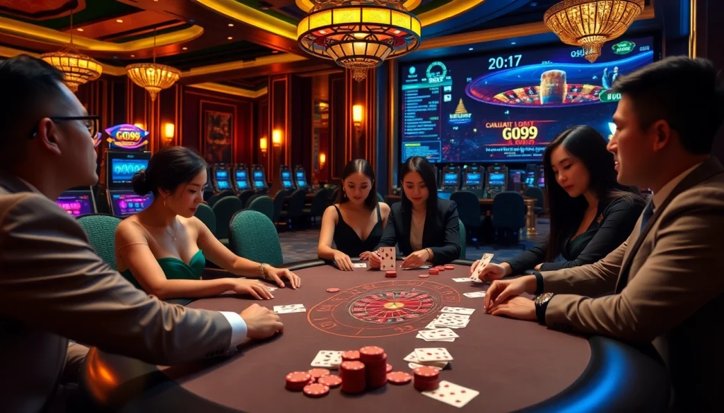 Exciting GO99 baccarat game with elegant players and luxurious casino atmosphere.