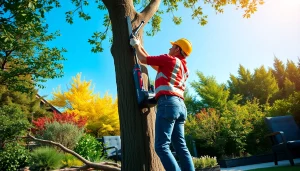 Action shot of the best electric pole saw trimming branches in a vibrant garden, showcasing its efficiency and design.