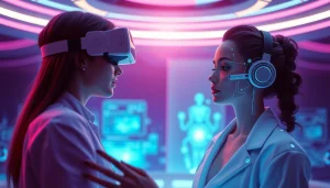 Engaging scene of a user interacting with a vibrant NSFW AI companion in a holographic environment.