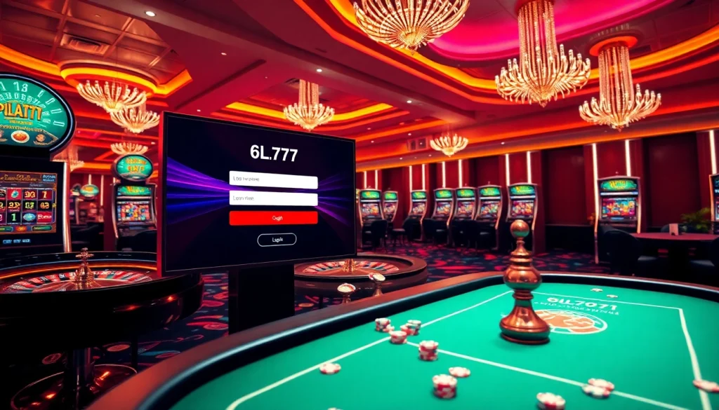 Engaging 6L777 Login screen among casino elements, radiating excitement and luxury.