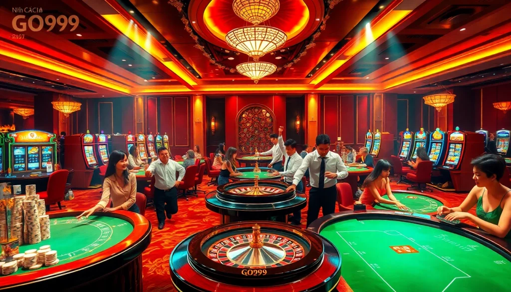 Gamblers enjoy a thrilling game experience at Nhà Cái GO99 with vibrant casino tables and slot machines.