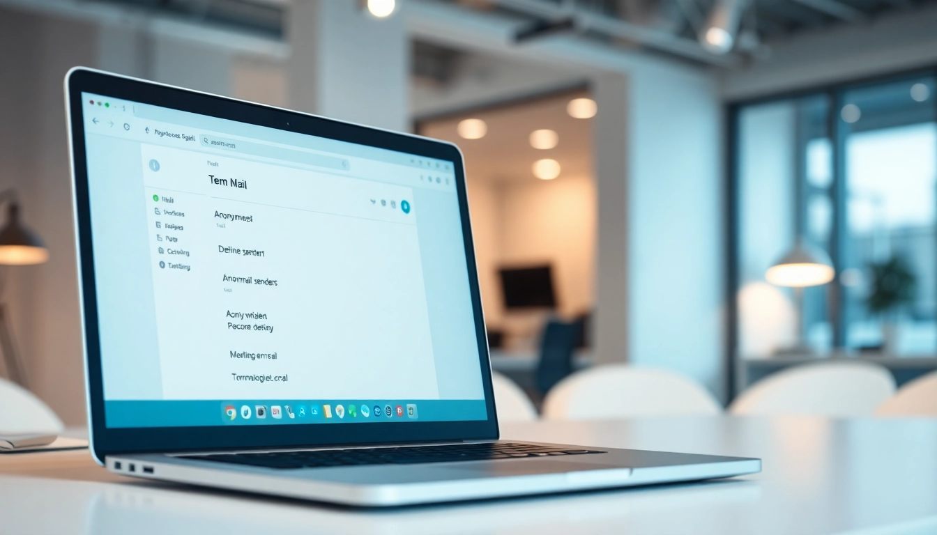 View of a temp mail gmail account interface on a laptop screen in a modern office setting.