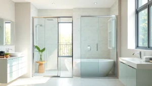 Showcase glass shower sliding doors highlighting elegance and modern design in a stylish bathroom.