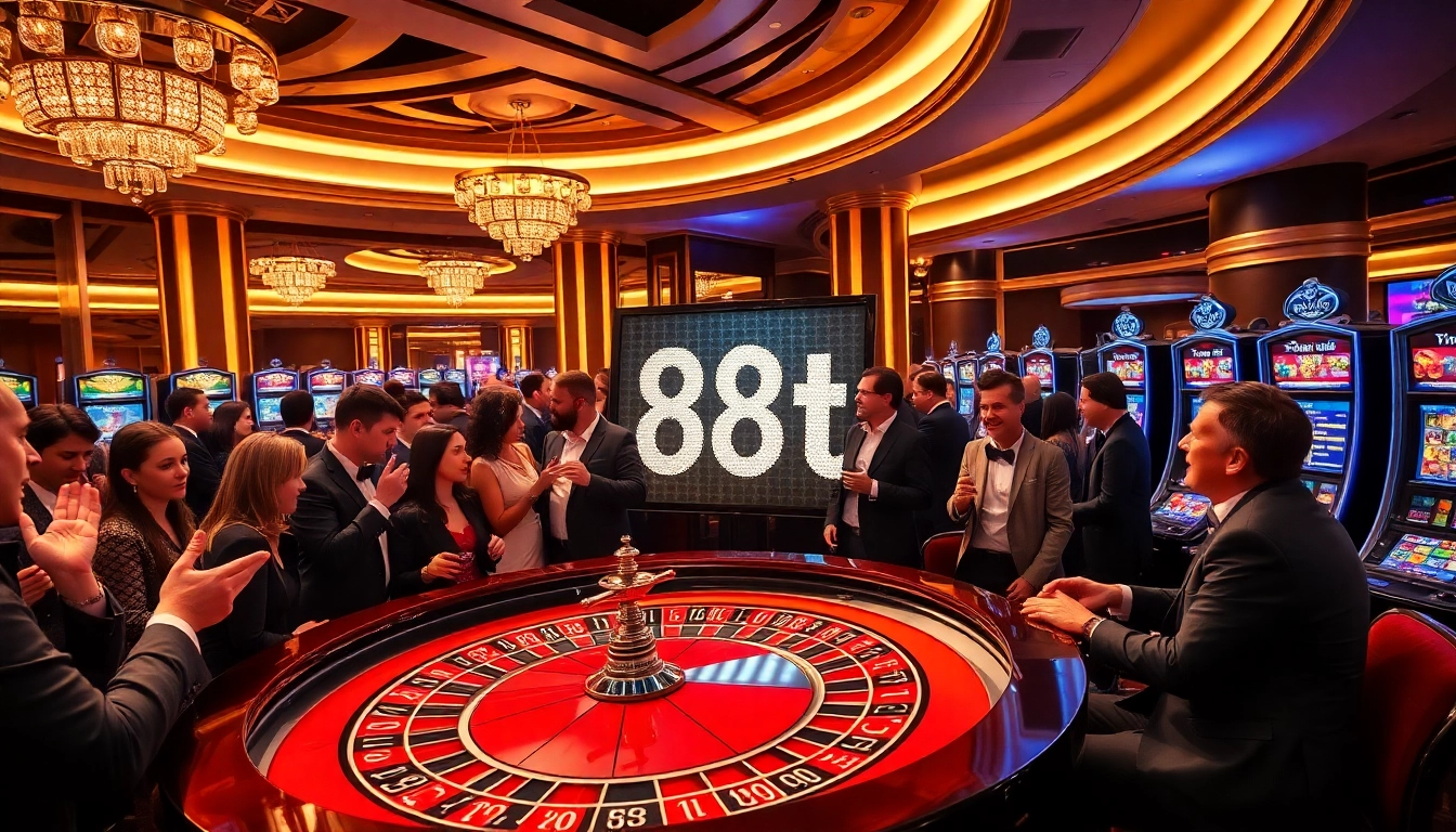Players engaging at a luxurious casino with roulette and poker elements featuring 88t.