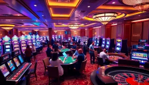 Man88 casino gaming floor with vibrant slot machines and enthusiastic gamblers.
