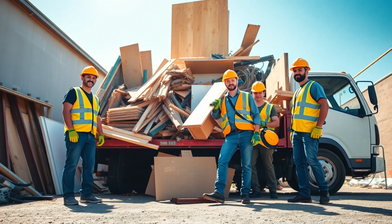 Construction debris removal scene showcasing workers efficiently loading materials into a truck.