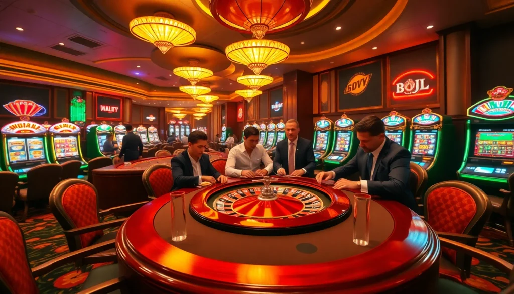 BDJL-themed poker table with players enjoying an exciting casino atmosphere, showcasing vibrant lights and rich colors.