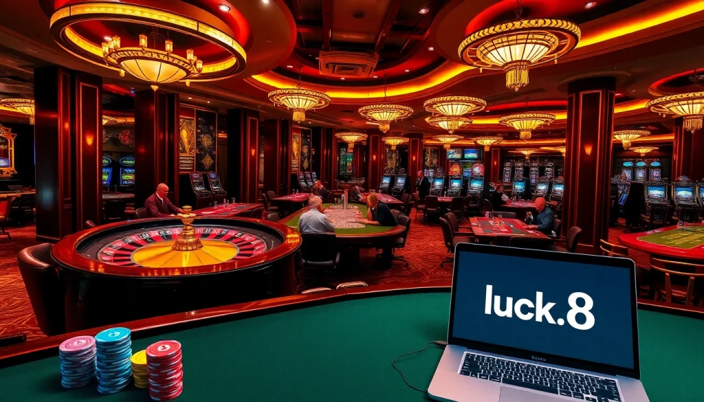 Experience the thrill of gambling at Luck8 with engaging poker tables and vibrant slot machines.