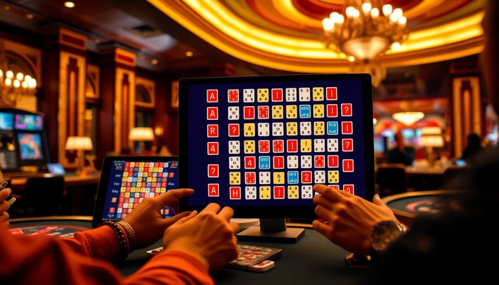 Engaging in רמיקוב אונליין with friends at a digital casino interface filled with vibrant tiles and excitement.
