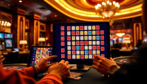 Engaging in רמיקוב אונליין with friends at a digital casino interface filled with vibrant tiles and excitement.