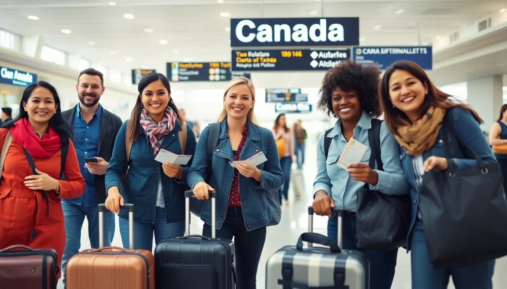 Excited travelers preparing for a Canada visitor visa from Australia at the airport.