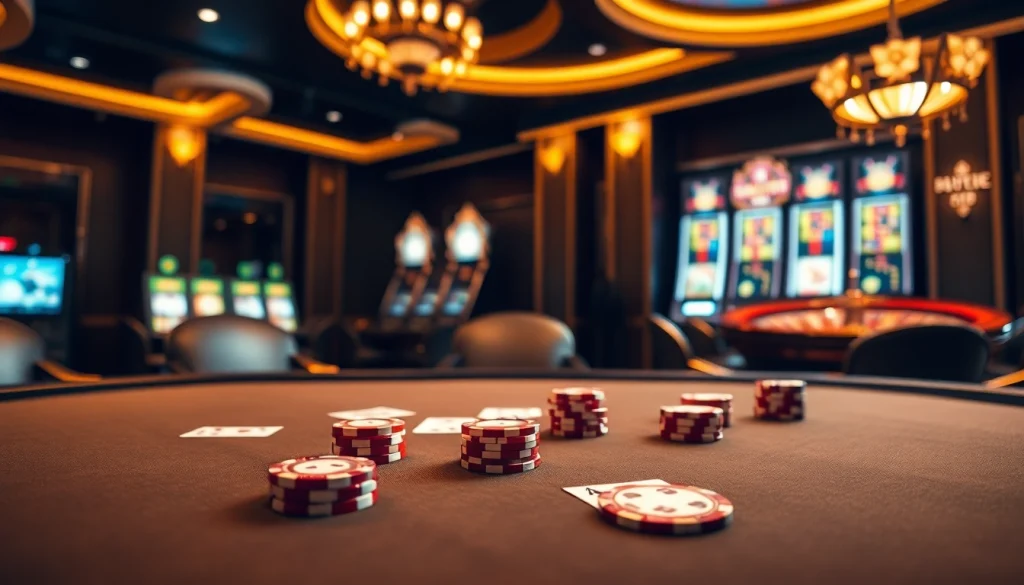 Engaging poker action at MK8 casino with vibrant chips and glowing slot machines.