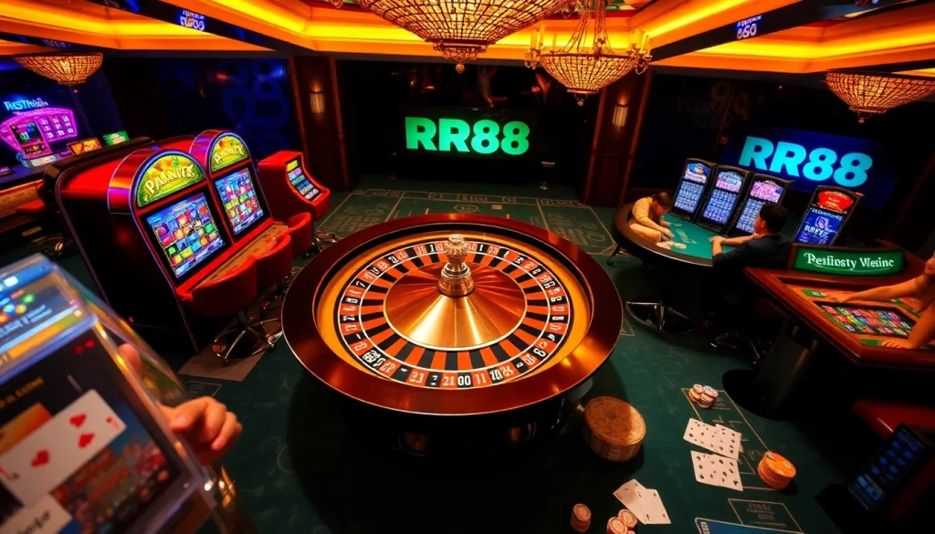 Visually engaging RR88 casino scene with roulette, slot machines, and poker tables in action.