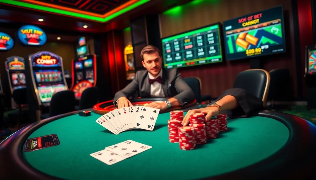 Experience the excitement of SOIBET with a vibrant casino scene featuring poker, roulette, and slots.