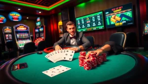 Experience the excitement of SOIBET with a vibrant casino scene featuring poker, roulette, and slots.
