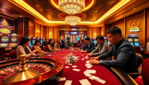 Players enjoying a high-stakes poker game at Bet88 Casino with vibrant roulette and slot machines.
