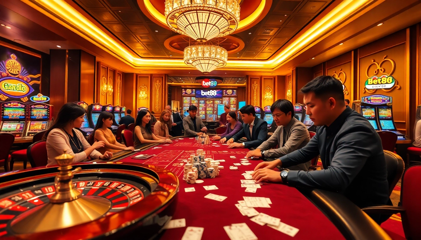 Players enjoying a high-stakes poker game at Bet88 Casino with vibrant roulette and slot machines.