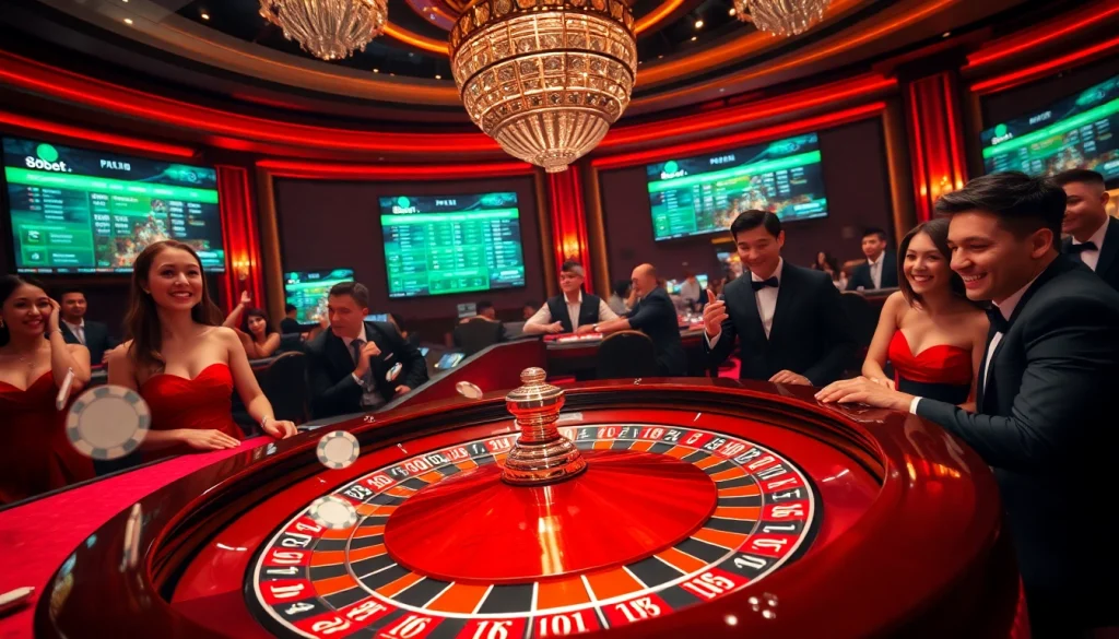 Experience the excitement of 8qbet with a vibrant casino scene featuring a roulette wheel and joyous players.