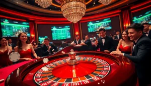 Experience the excitement of 8qbet with a vibrant casino scene featuring a roulette wheel and joyous players.