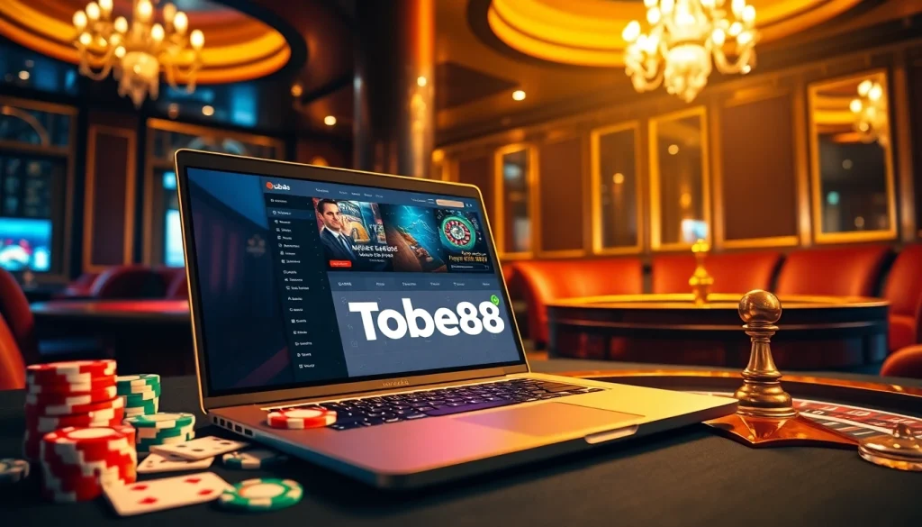 Tobet88 online gambling platform with casino chips and cards, showcasing a luxurious casino atmosphere.