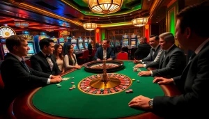 K9K9 players engage in an exciting poker game at a vibrant casino table.