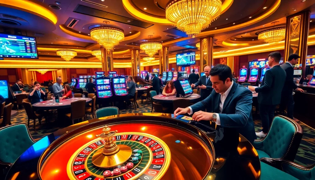 Experience the excitement of gambling at xx88 com with a vibrant casino scene featuring roulette and poker.