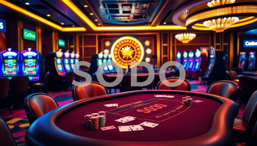 SODO Casino showcases a luxurious blackjack table and vibrant slot machines in an elegant gambling ambiance.