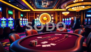 SODO Casino showcases a luxurious blackjack table and vibrant slot machines in an elegant gambling ambiance.