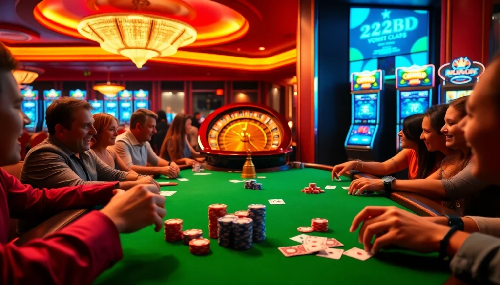 Engaged players at a vibrant poker table in a luxurious 222bd casino atmosphere.