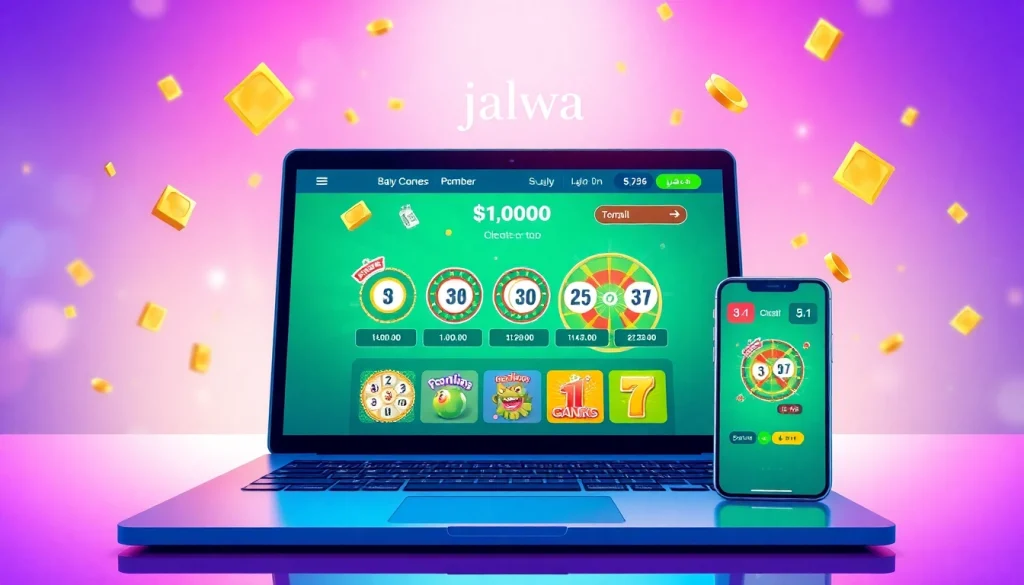 Exciting scene showcasing the Jalwa lottery gaming experience on various devices, highlighting ease of access and vibrant rewards.