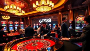 Experience GG88's vibrant casino atmosphere with engaging players at a roulette table.