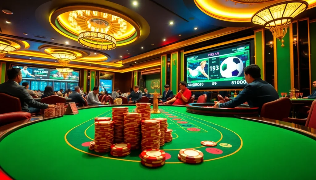 Engaging in the thrill of kết quả bóng đá at a luxurious casino poker table with vibrant betting chips.