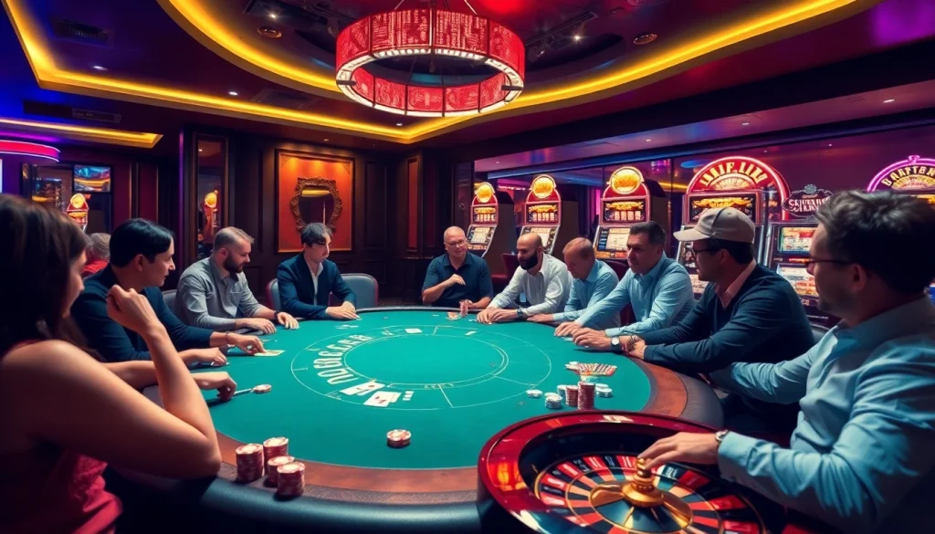 Players enjoying an exciting game at the poker table in a luxurious casino featured on https://okwin.blog.