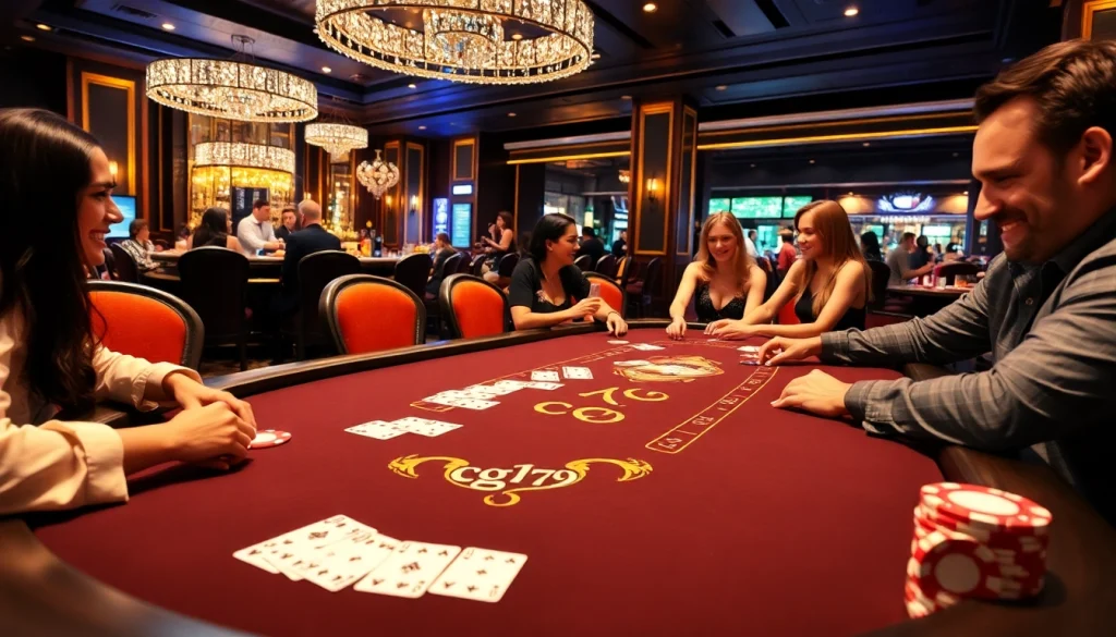 Người chơi đang thưởng thức một ván poker đầy kịch tính tại CG79 Casino, được bao quanh bởi những quân chip nhiều màu sắc và trang trí sang trọng.