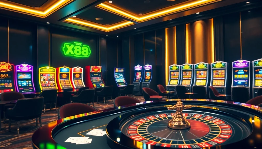 X88.tours engages players at a luxurious casino with vibrant slot machines and elegant gaming tables.