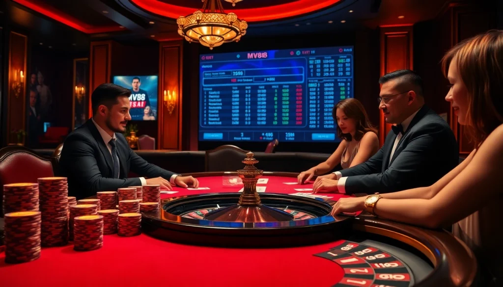 Players engaging in high-stakes poker at a luxurious casino featuring MV88 branding and betting elements.