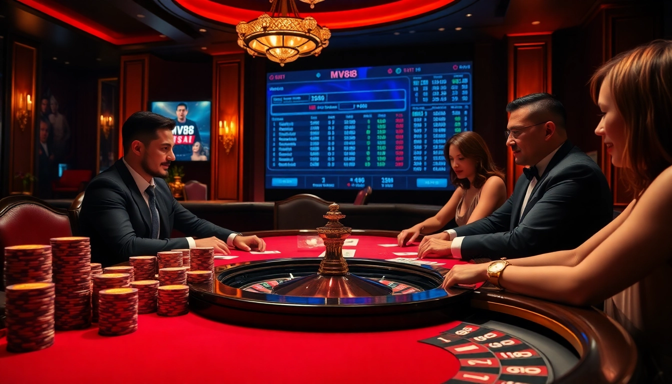 Players engaging in high-stakes poker at a luxurious casino featuring MV88 branding and betting elements.