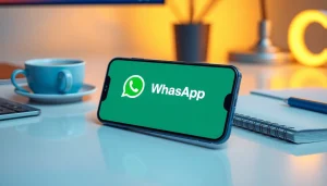 Explore the features of the GB WhatsApp app on a smartphone in a modern workspace.