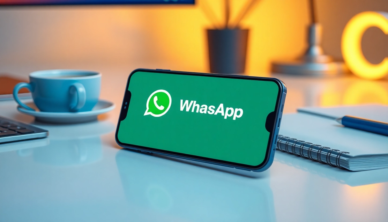 Explore the features of the GB WhatsApp app on a smartphone in a modern workspace.