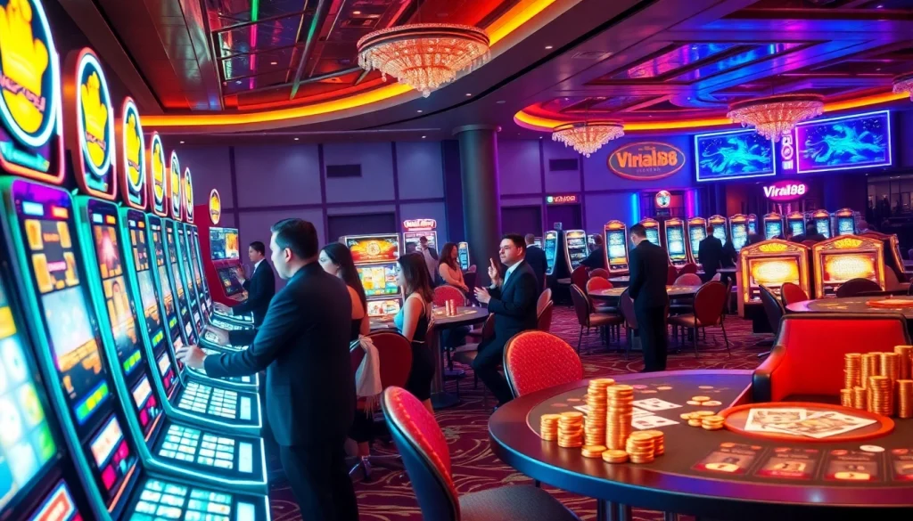 Engaged players at slot machines embodying the excitement of viral88 casino games.